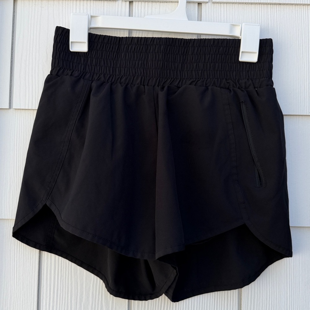 Women’s Athletic Shorts — Black Smocked Waist (Broken Zipper)